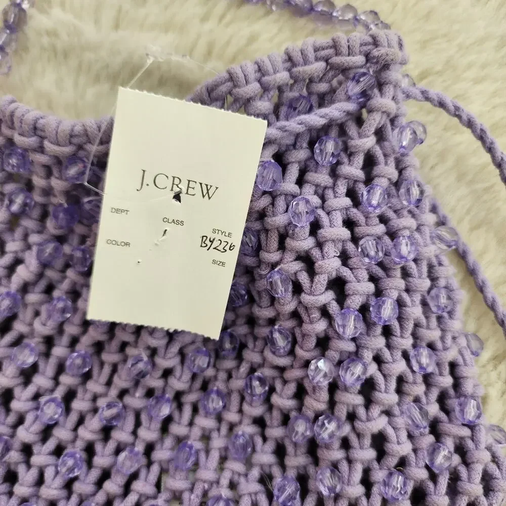 J.Crew Purple Knitted Crochet Pouch Bag Beaded Strap Drawstring - New BY236